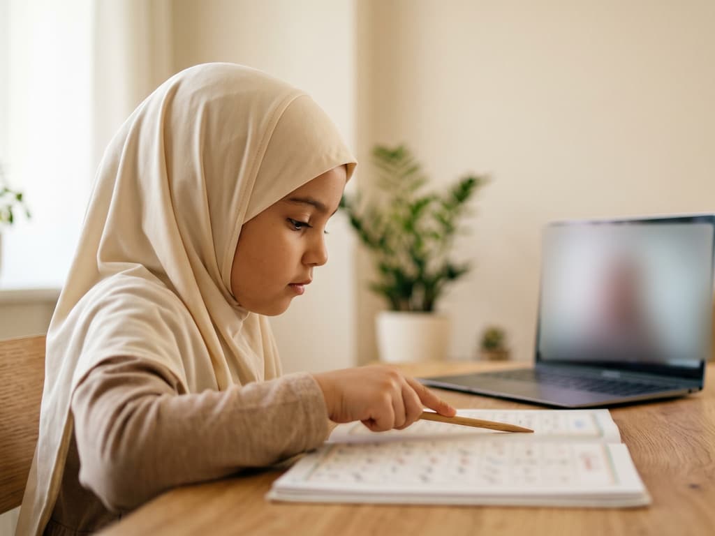 A girl in a cream hijab following the letters in her Qaida with a wooden pointer during an online lesson